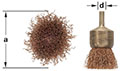 A crimped end wire brush shown in two perspectives: a front view (left) where the wires form a dense, circular pattern, and a side view (right) illustrating the cylindrical shape with an attached cup with shank. Dimensions labeled 'a' for height and 'd' f